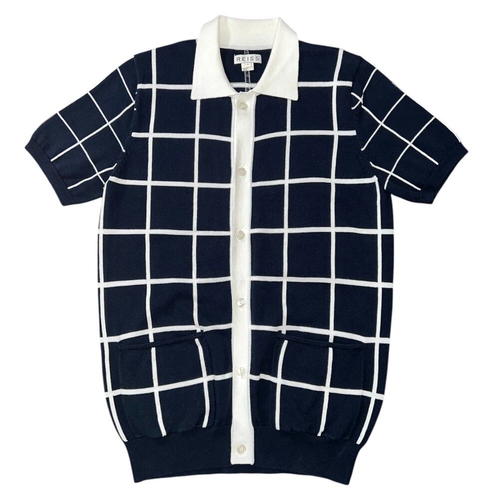 Reiss Navy and White Windowpane Short Sleeve Polo Cardigan
